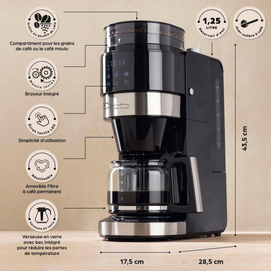 Cafetière filtre Barista avec verseuse isotherme de 1 L pour 12 tasses de café, machine à café à grains avec moulin et affichage numérique, fonction minuterie