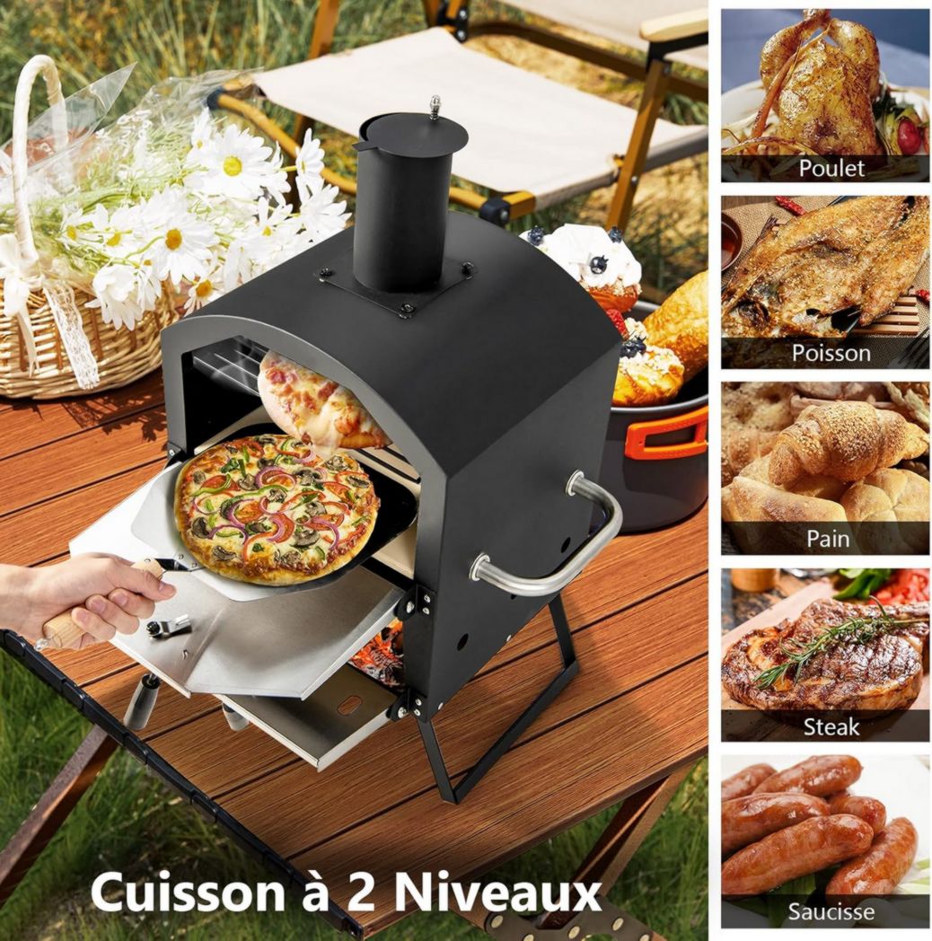 Mini four à pizza d'extérieur GYMAX, four à pizza au feu de bois avec pierre à pizza, pelle à pizza, pieds pliables et poignées portables, ventilateurs réglables, housse étanche