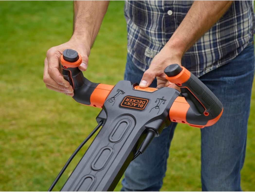 Tondeuse à gazon filaire BLACK+DECKER 1600 W, tondeuse électrique de 38 cm, 6 hauteurs réglables (20, 30, 40, 50, 60 et 70 mm), avec poignée EASYSTEER 3 positions, BEMW471ES-QS Orange