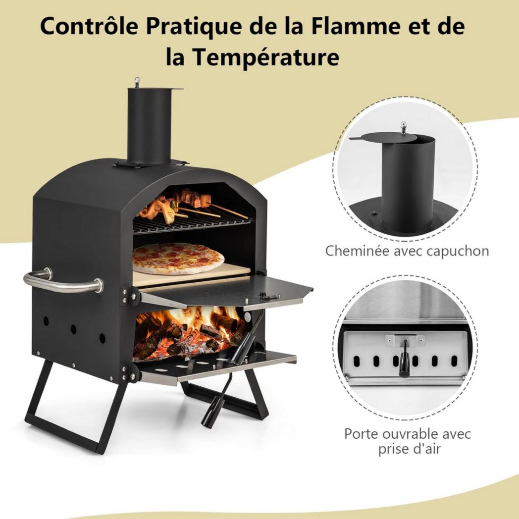 Mini four à pizza d'extérieur GYMAX, four à pizza au feu de bois avec pierre à pizza, pelle à pizza, pieds pliables et poignées portables, ventilateurs réglables, housse étanche