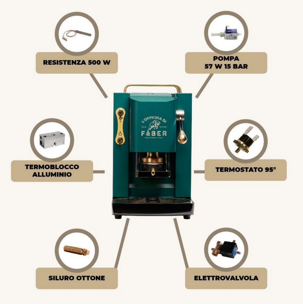 Machines à café Faber | Modèle Pro Total Inox Deluxe | Machine à café à dosettes 44 mm | Pressostat réglable en laiton | Électrovanne standard (laiton)