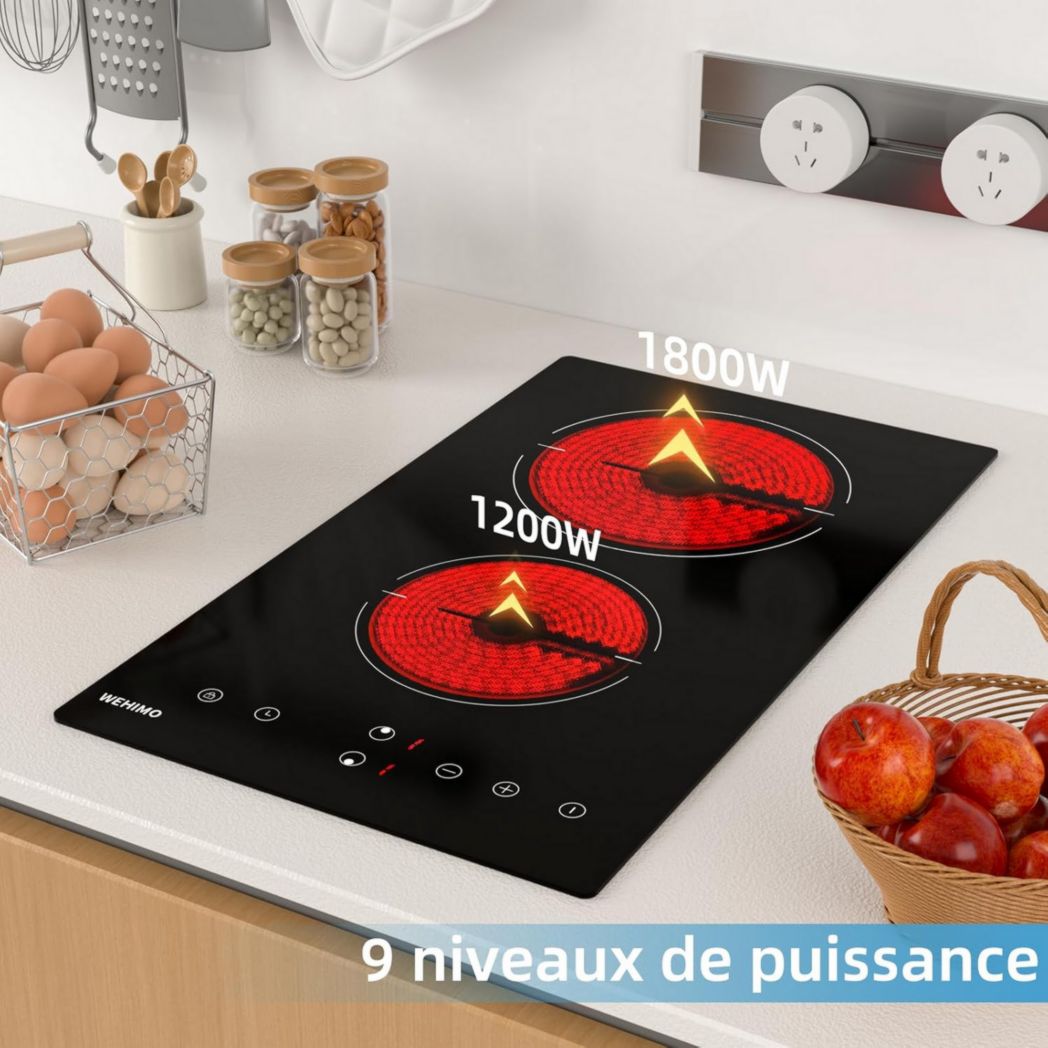 Plaque de cuisson vitrocéramique encastrable 4 feux, WEHIMO 6000W - 59cm - Minuterie, 9 niveaux de puissance, commande tactile, sécurité enfant...