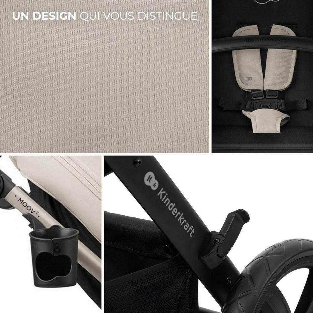 Poussette 3-en-1 Kinderkraft MOOV2, système de voyage de la naissance à 27 kg, siège auto Mink PRO I-Size inclus, pare-soleil extensible avec filtre UPF50+, accessoires pratiques, gris