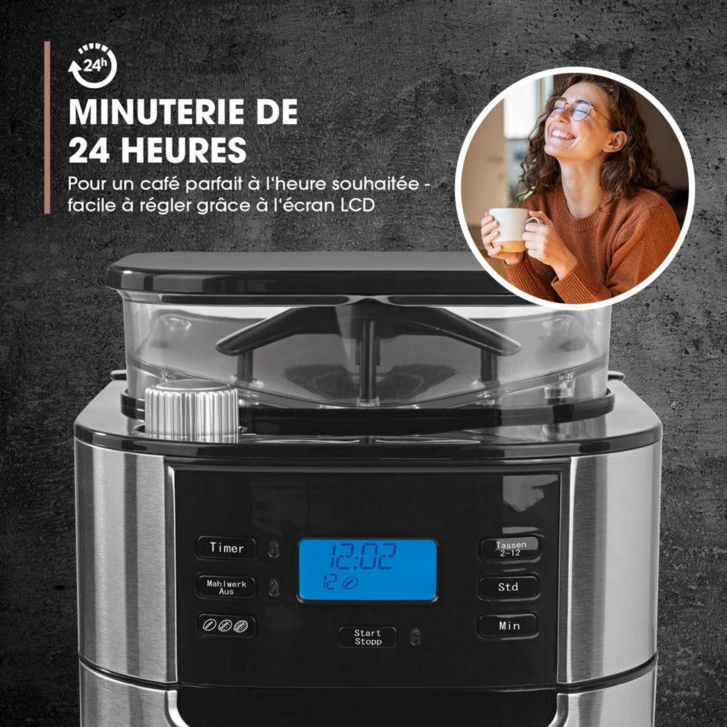 Cafetière filtre Barista avec verseuse isotherme de 1 L pour 12 tasses de café, machine à café à grains avec moulin et affichage numérique, fonction minuterie