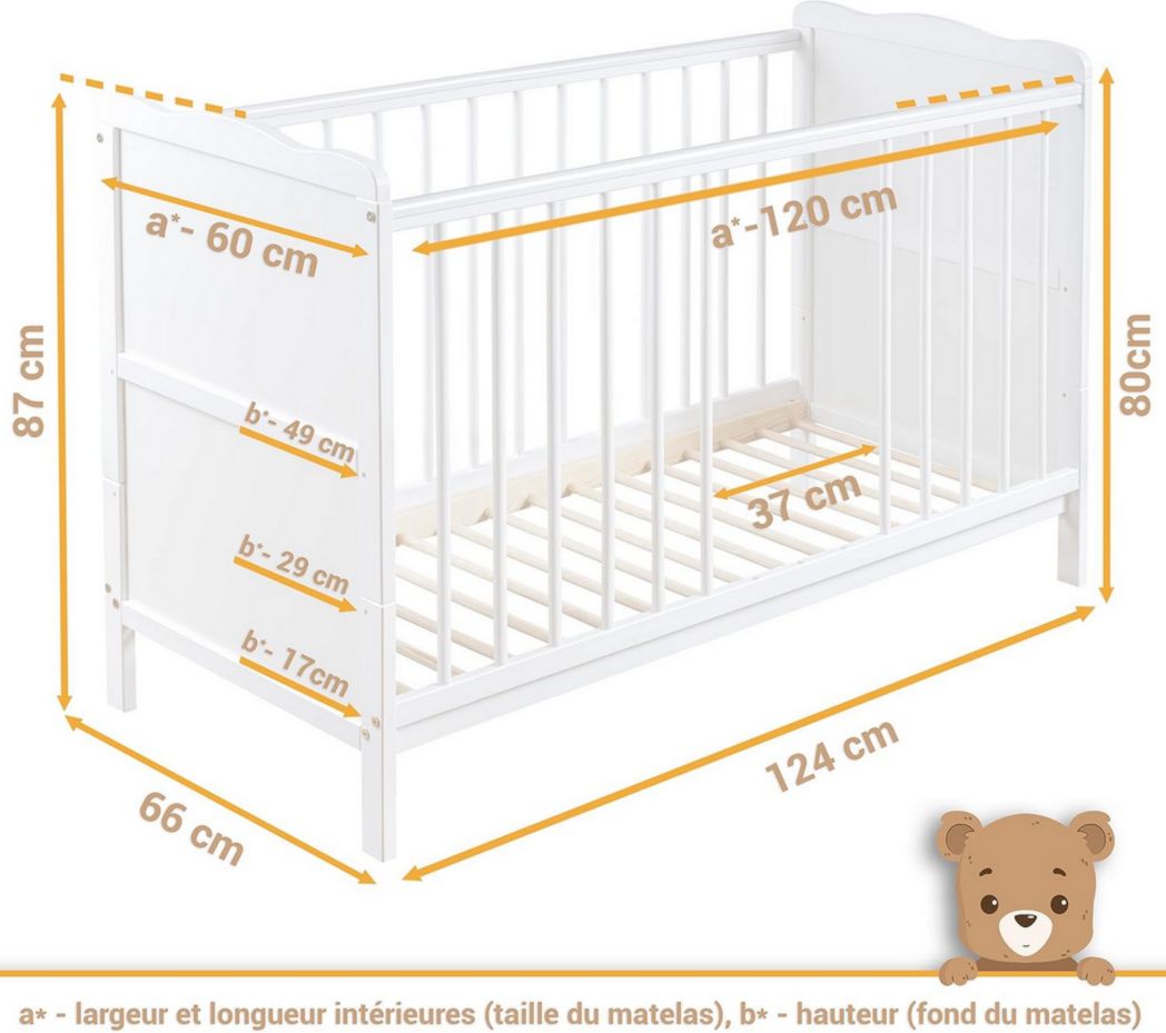 Lit bébé moto-MOLTICO 60x120 cm avec tiroir – Lit en bois réglable en hauteur, transformable en lit enfant avec barrières de sécurité – Lit bébé pour filles et garçons