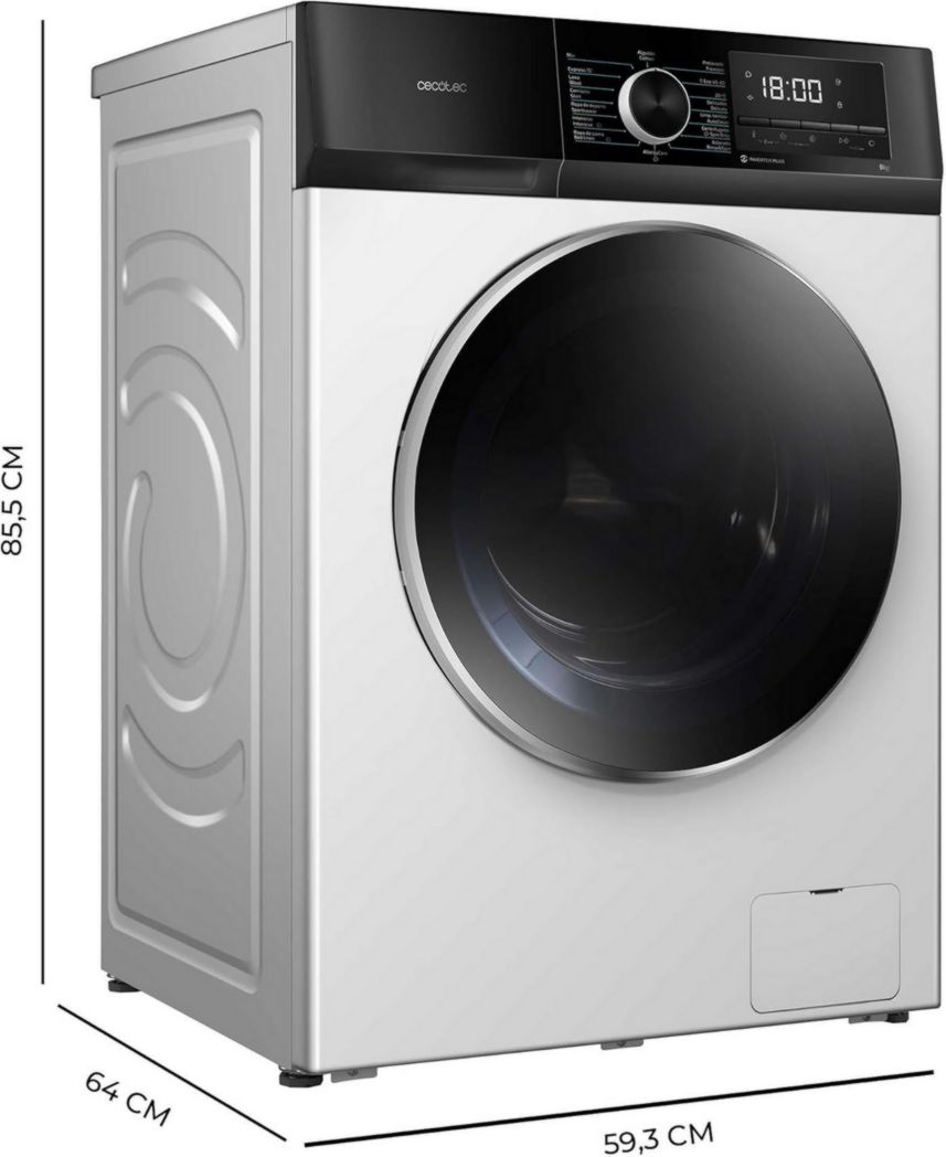 Cecotec Bolero Dresscode 10500 Inverter Steel A. Lave-linge 10 kg Acier, 1400 tr/min, moteur Inverter Plus, Vapeur, Classe A.