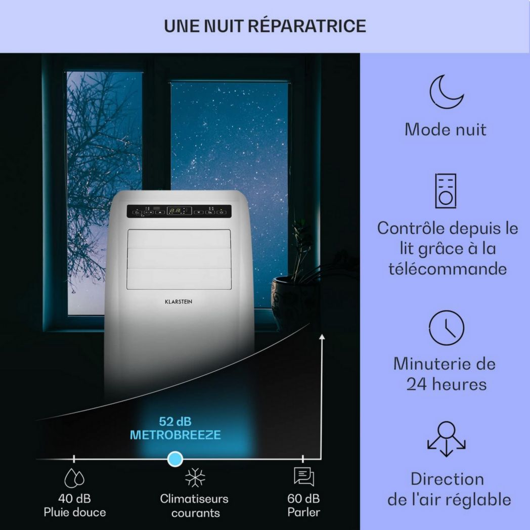 Climatiseur mobile silencieux Klarstein, 4 en 1, mode nuit, déshumidificateur, ventilateur, mini climatiseur basse consommation, évacuation, climatiseur portable, puissant, 10 000 BTU