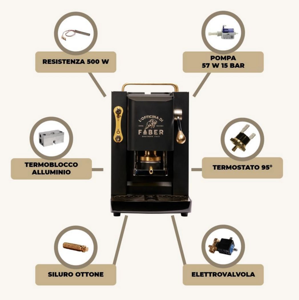 Machines à café Faber | Modèle Pro Total Inox Deluxe | Machine à café à dosettes 44 mm | Pressostat réglable en laiton | Électrovanne standard (laiton)