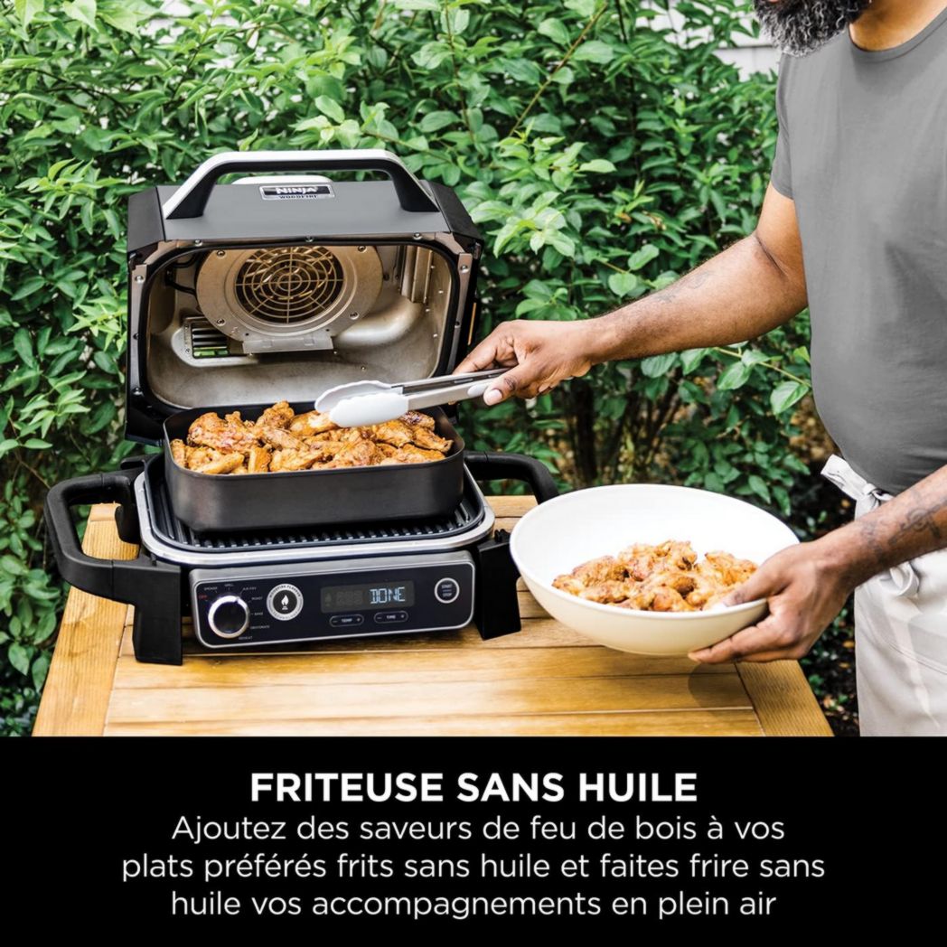 Barbecue et fumoir électrique Ninja Woodfire Pro XL avec thermomètre, barbecue d'extérieur 4 en 1 et friteuse à air avec système de cuisson intelligent et granulés de bois, portable, gris/noir, OG850EU