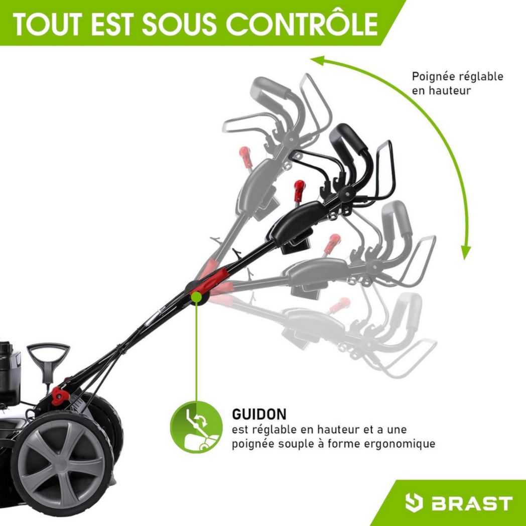 Tondeuse thermique 3 roues BRAST TRIKE E-START 224cc 53cm autotractée démarrage électrique mulching 4en1 capot tôle acier 60l - moteur 4 temps de la marque française GT réglable