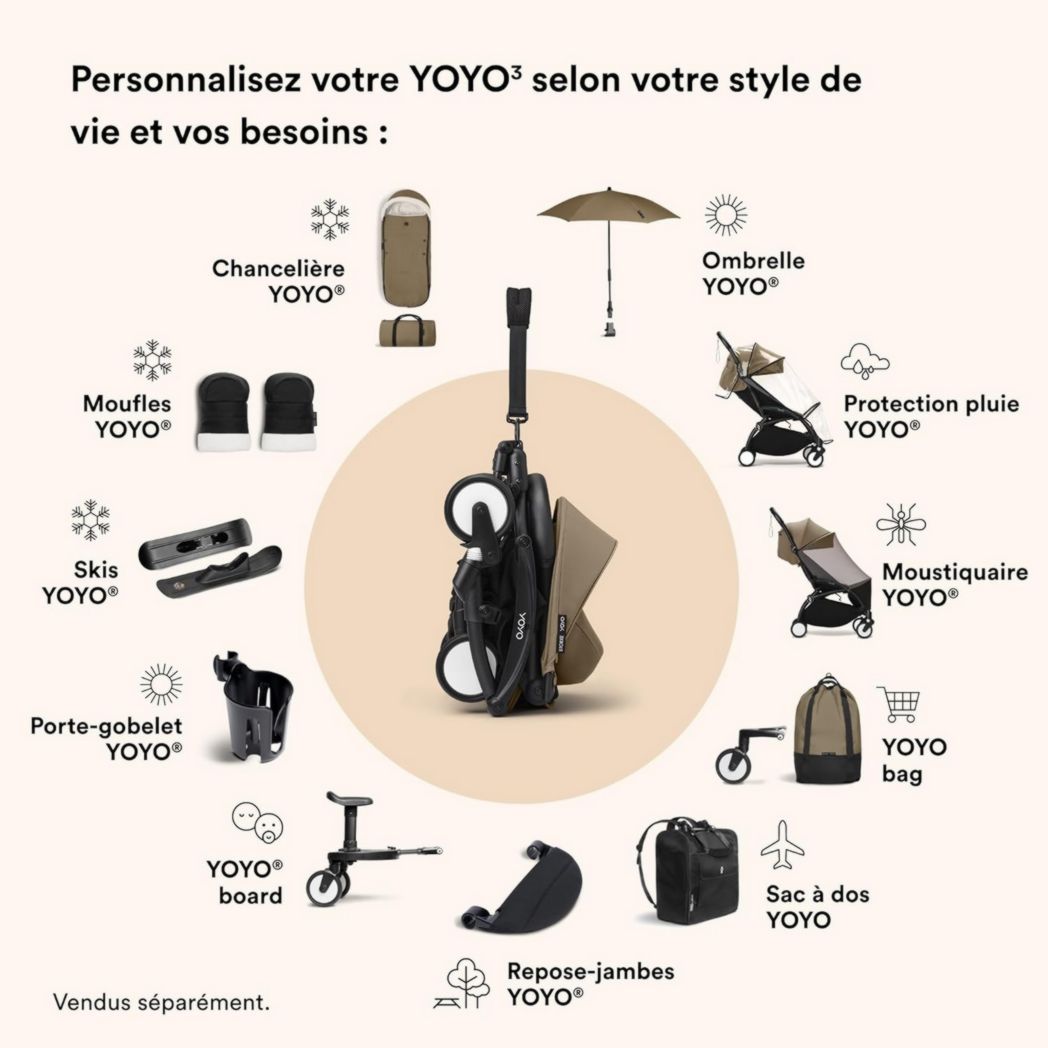 Poussette Stokke YOYO3 avec pack nouveau-né et pack couleur 6+ - Comprend un cadre noir, un pack couleur YOYO 6+ (gingembre) et un pack nouveau-né 0+ (gingembre)