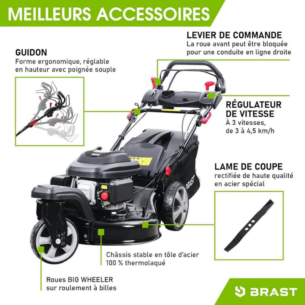 Tondeuse thermique 3 roues BRAST TRIKE E-START 224cc 53cm autotractée démarrage électrique mulching 4en1 capot tôle acier 60l - moteur 4 temps de la marque française GT réglable