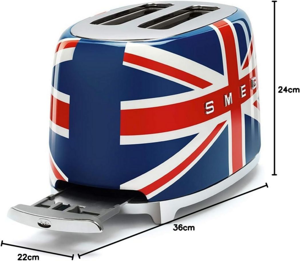 Smeg, Grille-pain 2 tranches TSF01BLEU, 2 fentes 36 mm, 6 niveaux de brunissage, fonctions chauffage, décongélation et bagel, éjection automatique du pain, tiroir ramasse-miettes, 950 W, noir