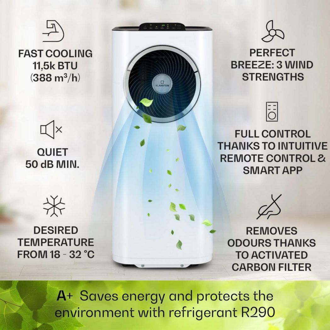 Climatiseur portable silencieux Klarstein, climatiseur portable 5 en 1, mini climatiseur, purificateur et éliminateur d'odeurs, mode nuit, déshumidificateur d'air, faible consommation, 10 000 BTU, climatiseurs