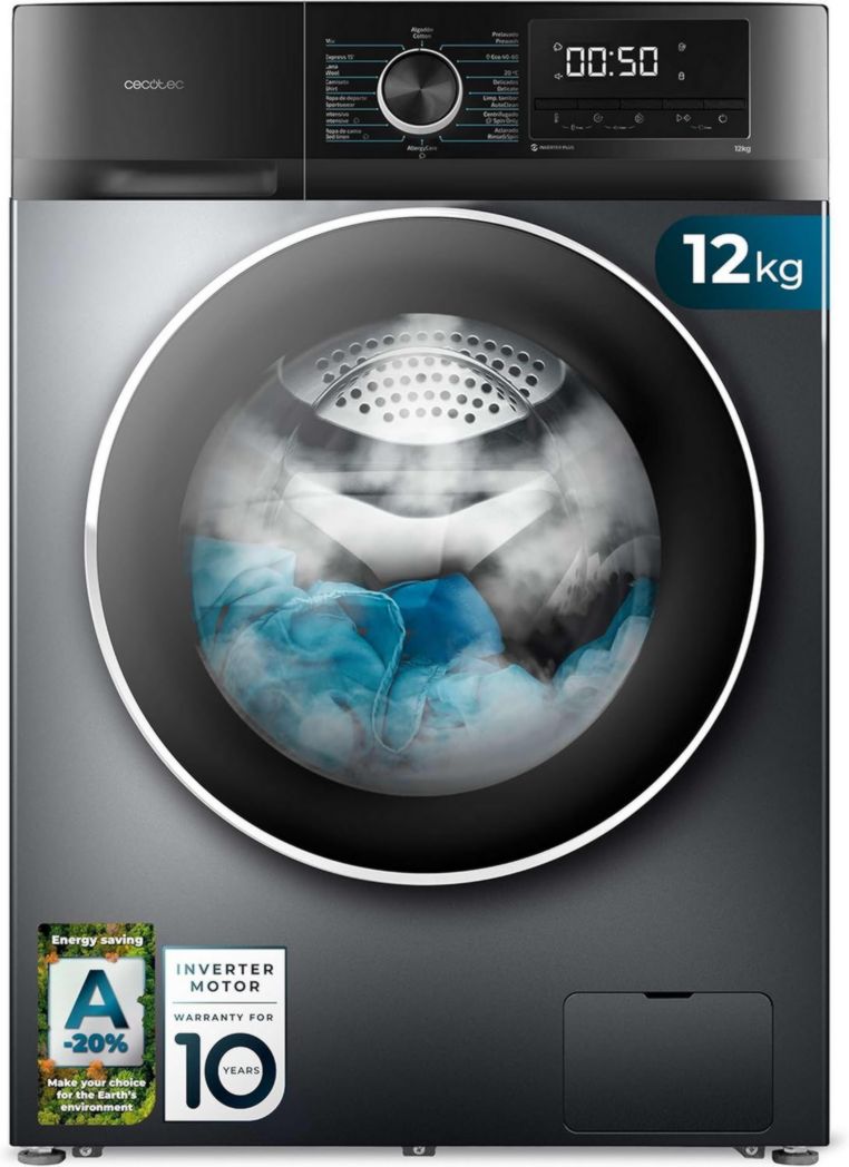 Cecotec Bolero Dresscode 10500 Inverter Steel A. Lave-linge 10 kg Acier, 1400 tr/min, moteur Inverter Plus, Vapeur, Classe A.