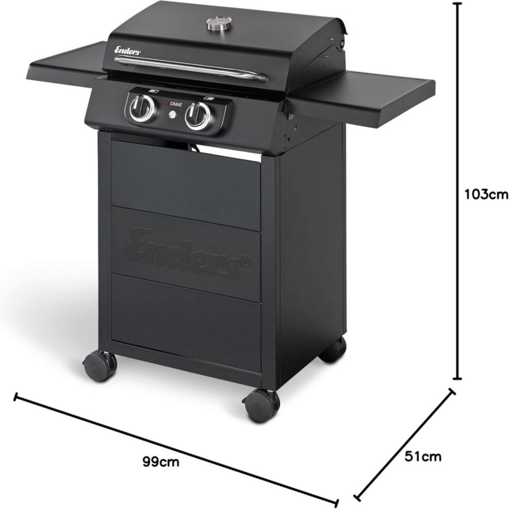Barbecue électrique Enders® eCRAVE 2, avec grille en fonte, chariot de barbecue avec beaucoup d'espace de rangement, système de nettoyage Simple Clean™, 2 éléments chauffants puissants, hotte aspirante
