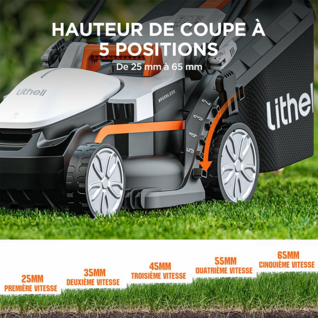 Tondeuse à gazon sans fil Litheli 33 cm, 1 batterie 20 V 4 Ah, hauteur réglable 25-65 mm, bac de ramassage 30 L, pour pelouses jusqu'à 200 m² (jardins et petits espaces)