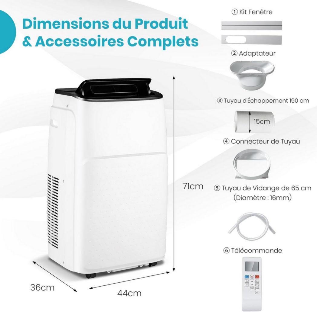 Climatiseur portable GOPLUS 16 000 BTU 4,7 kW 5 en 1 Fonctions : refroidissement, chauffage, déshumidification, ventilation, mode nuit, minuterie 24 h, télécommande/écran, 45-50 m², R290