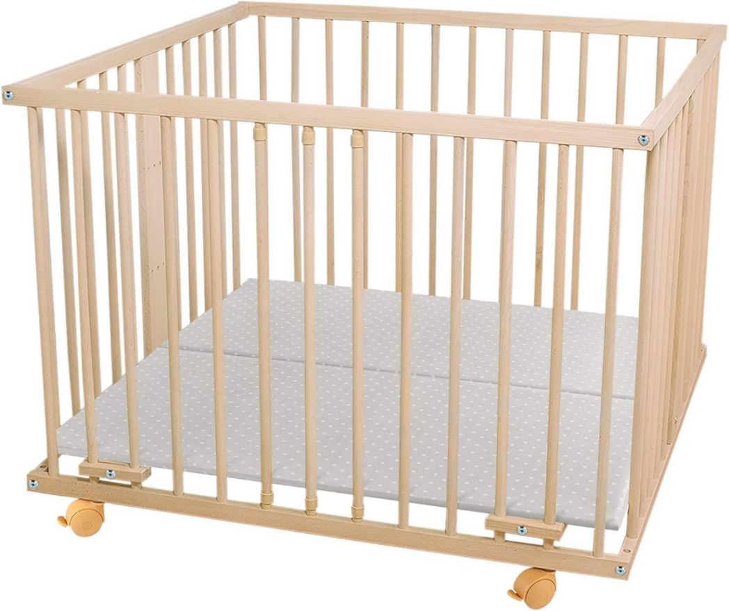 WALDIN - Parc bébé - environ 100 x 100 cm, HÊTRE MASSIF, réglable en hauteur, 2 modèles au choix, naturel non traité, tissu couleur blanc/gris à pois