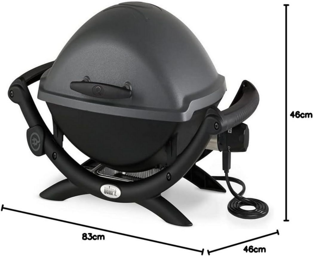 Barbecue électrique Weber Q2400 avec support et tablettes latérales, surface de cuisson 54 x 39 cm, grille en fonte émaillée (2 parties), couvercle et cuve en fonte d'aluminium - Gris foncé (55020053)