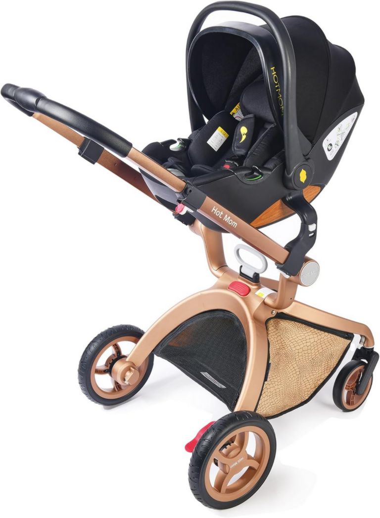 Poussette classique Hot Mom Combi 3 en 1, ensemble complet, cadre en aluminium, pneus en caoutchouc plein, protection contre la pluie et moustiquaire, modèle F22 (noir-3, avec siège auto)