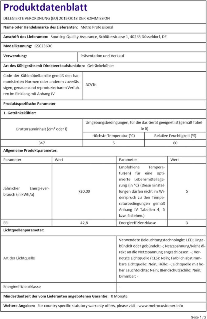 Réfrigérateur à boissons professionnel METRO GSC2360B, acier/verre, 62 x 63,6 x 175,3 cm, 347 L, avec serrure, noir