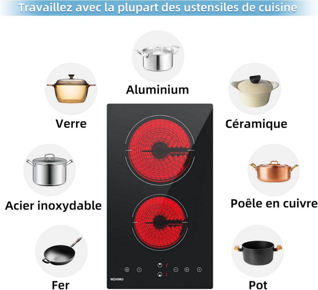 Plaque de cuisson vitrocéramique encastrable 4 feux, WEHIMO 6000W - 59cm - Minuterie, 9 niveaux de puissance, commande tactile, sécurité enfant...
