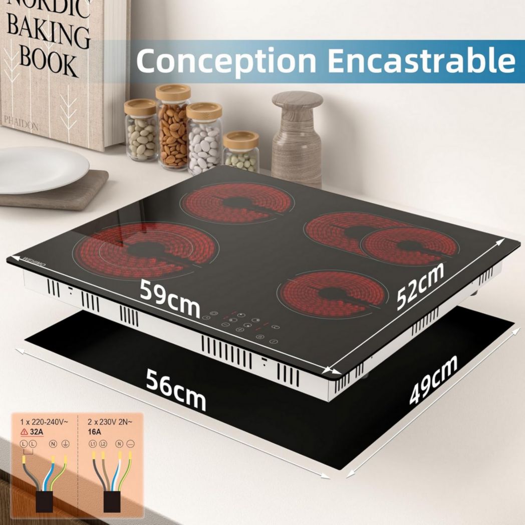Plaque de cuisson vitrocéramique encastrable 4 feux, WEHIMO 6000W - 59cm - Minuterie, 9 niveaux de puissance, commande tactile, sécurité enfant...