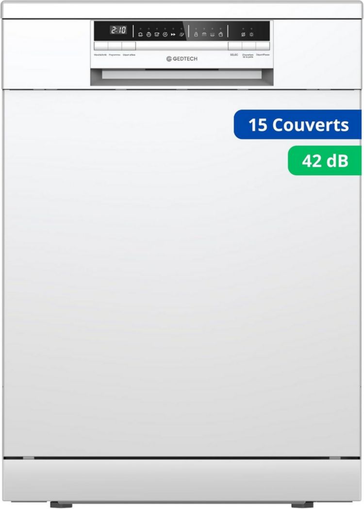 Lave-vaisselle GEDTECH GLV1542DX 15 ch - Tiroir à couverts - 42 dB - Ultra silencieux - Départ différé - Éco - Intensif - Rapide - Faible consommation - Classe C - Inox foncé - Protection enfant