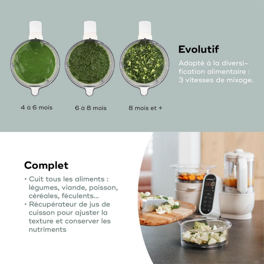Babymoov Nutribaby(+), Robot cuiseur multifonction 6 en 1 pour bébé, cuiseur vapeur, grande capacité 2,2 L, petits pots maison, idéal pour diversifier les repas, vert opale