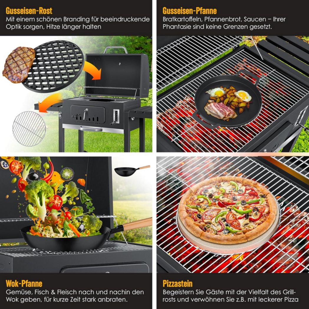 Chariot barbecue KESSER® | Barbecue à charbon XL avec couvercle, roulettes, poignée en acier inoxydable, grille et thermomètre | Grand barbecue à charbon