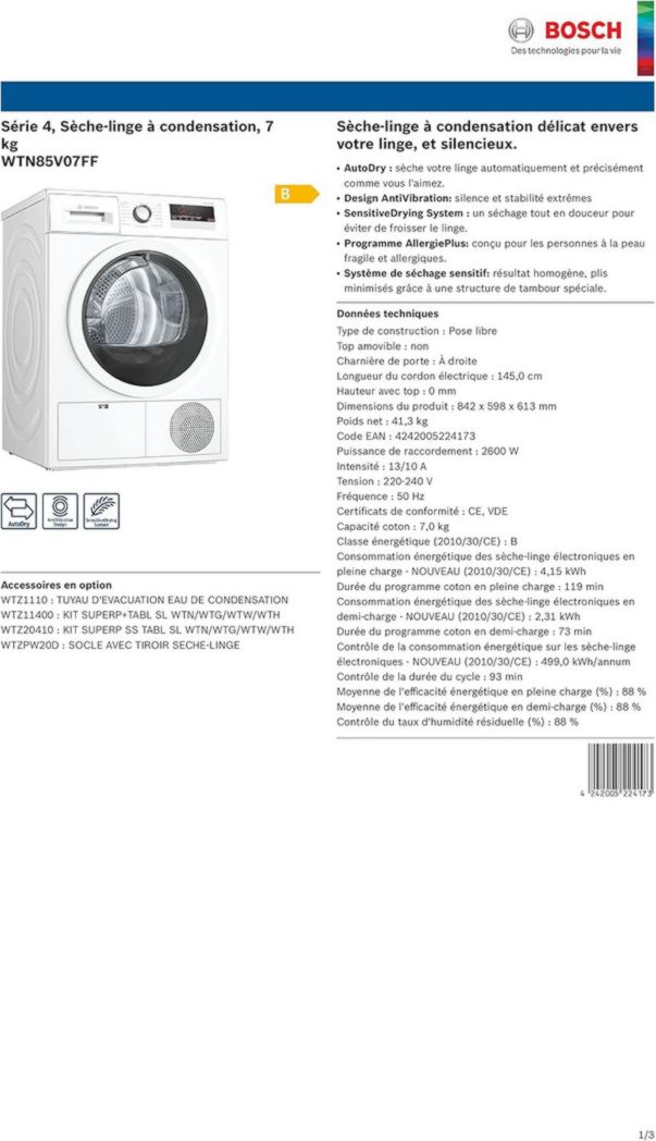 Sèche-linge à condensation Bosch WTN85V07FF Série 4 - Silencieux - Pose libre - 7 kg - 112 L - Blanc
