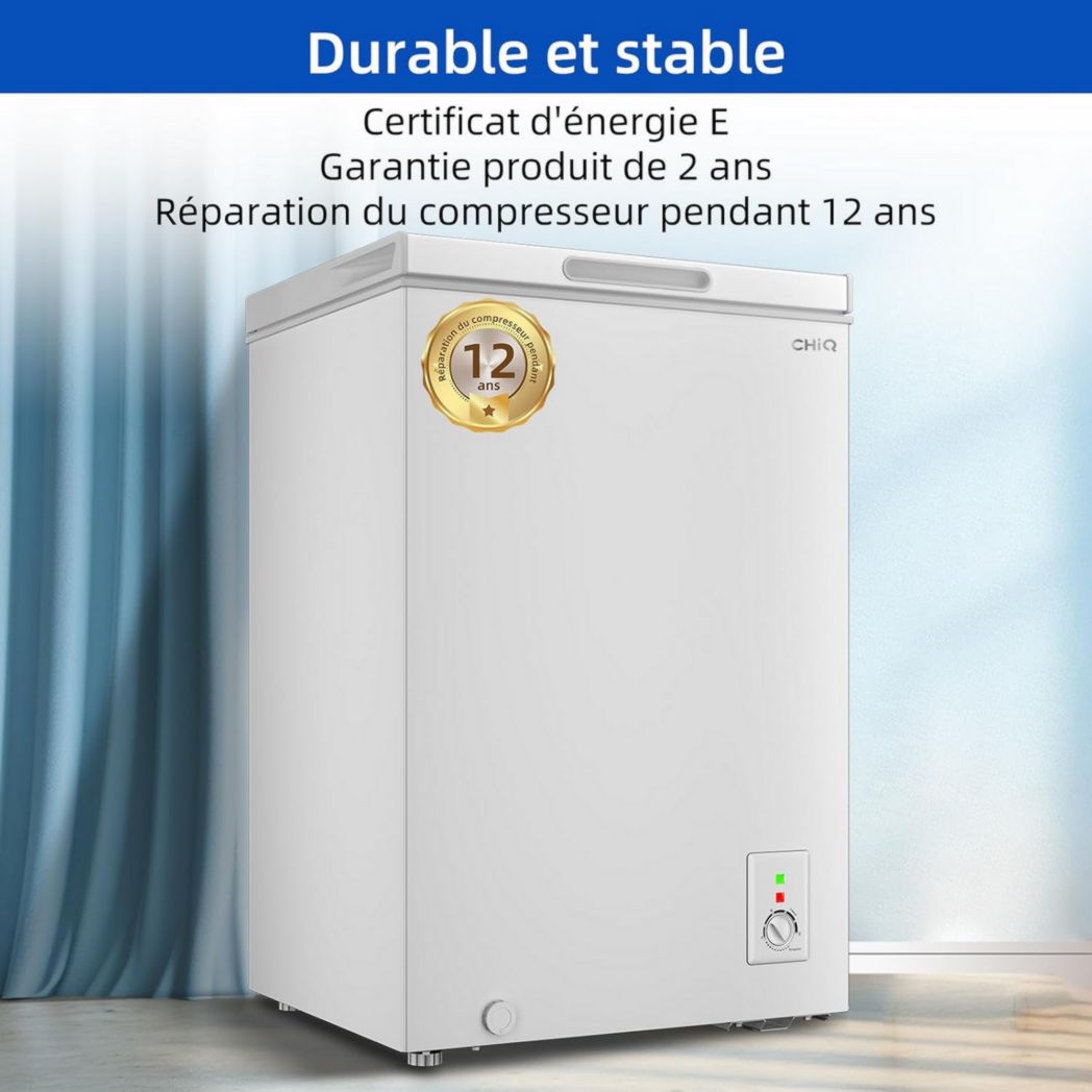 Congélateur coffre CHIQ 142 L, 63,5 x 55,6 x 83,5 cm, congélateur Inverter, affichage de la température extérieure, congélation rapide -32 °C, grille métallique, faible niveau sonore
