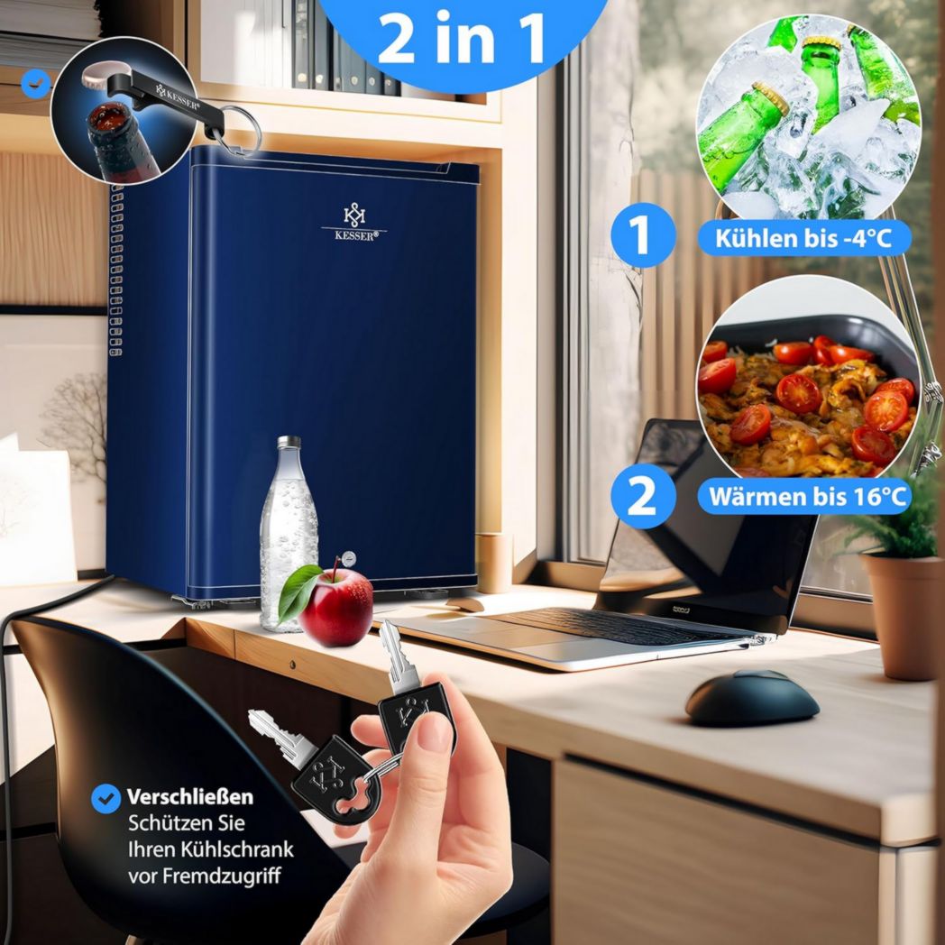 Mini-réfrigérateur KESSER® avec serrure, mini-bar 40 l, silencieux, 22 dB, verrouillable, chambre, butée de porte amovible, environ 4 à 16 °C, hauteur 57 cm, éclairage intérieur
