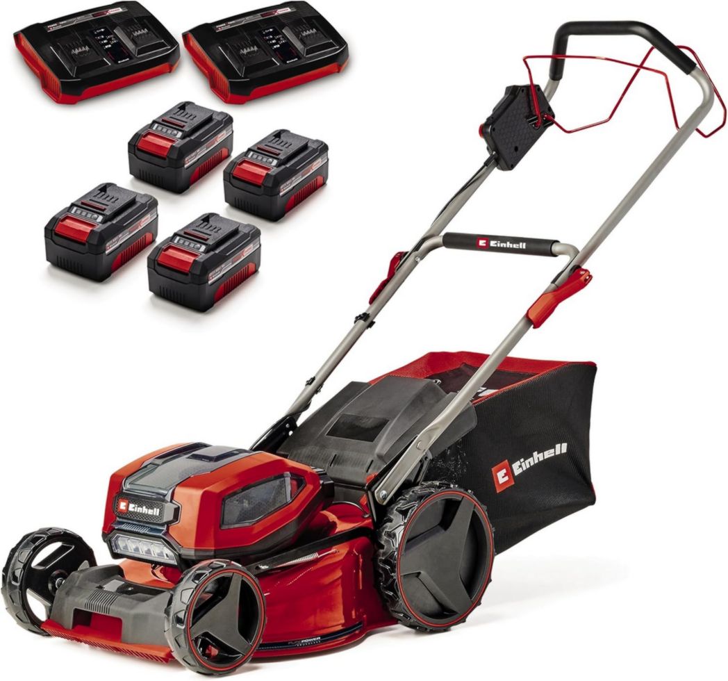 Tondeuse à gazon professionnelle sans fil Einhell GP-CM 36/47 S HW Li Power X-Change (36 V, largeur de coupe 47 cm, autotractée, moteur sans balais) Livrée avec 4 batteries 4,0 Ah et 2 chargeurs doubles