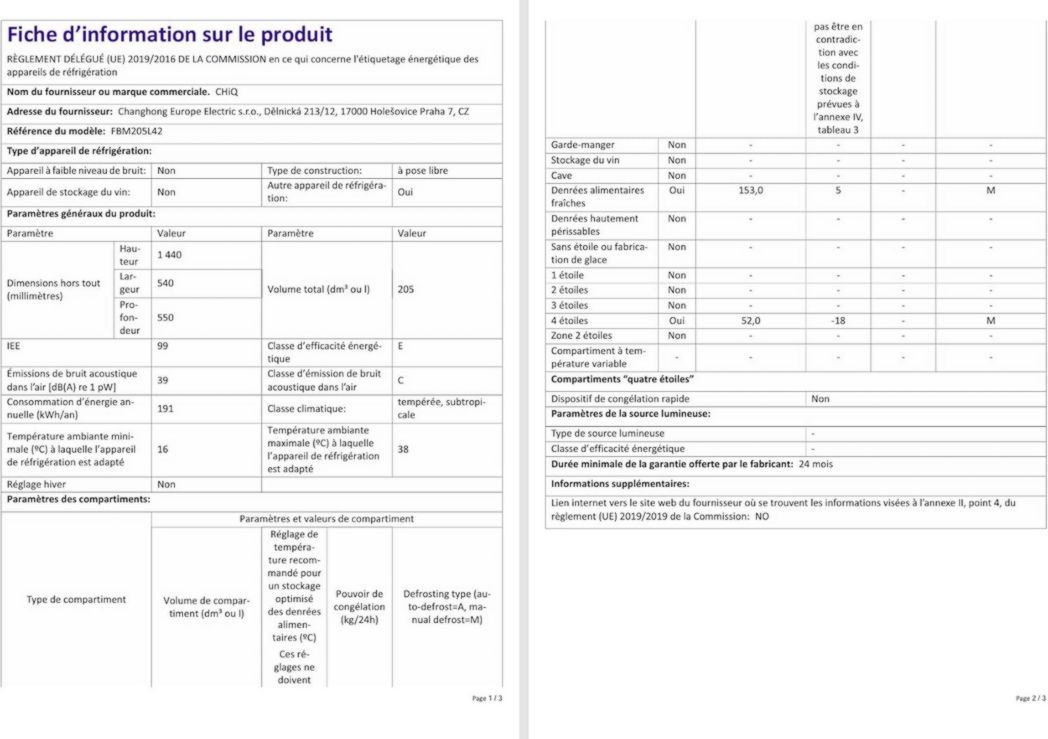 Réfrigérateur congélateur inférieur CHIQ FBM157L42 157 L (109 + 48), largeur 47 cm, Low Frost, 39 dB, portes réversibles, garantie 12 ans sur le compresseur