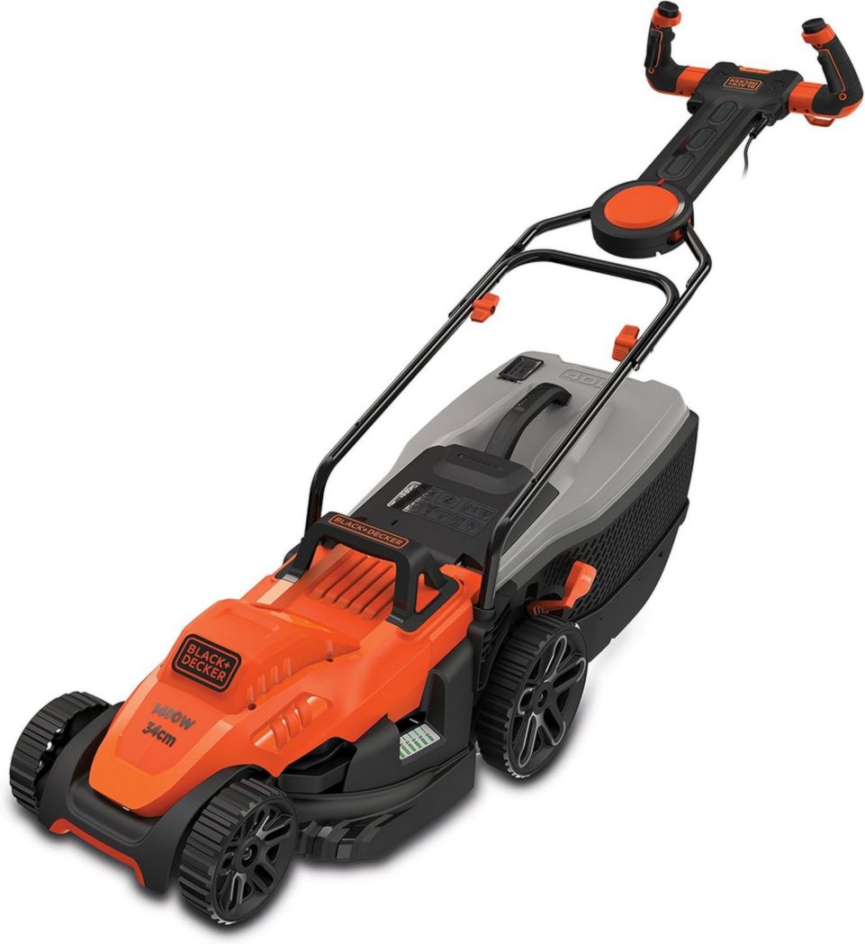 Tondeuse à gazon filaire BLACK+DECKER 1600 W, tondeuse électrique de 38 cm, 6 hauteurs réglables (20, 30, 40, 50, 60 et 70 mm), avec poignée EASYSTEER 3 positions, BEMW471ES-QS Orange