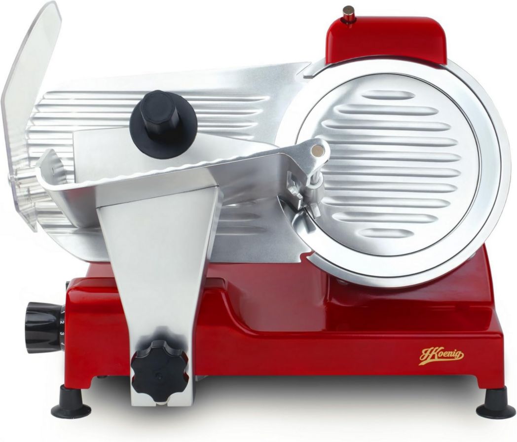 Trancheuse à viande électrique H.Koenig MSX254, Charcuterie, Professionnelle, Précise, Coupe 0-12 mm, Lame 25 cm, Aiguiseur intégré, Grand plateau, 282 tr/min, Rouge