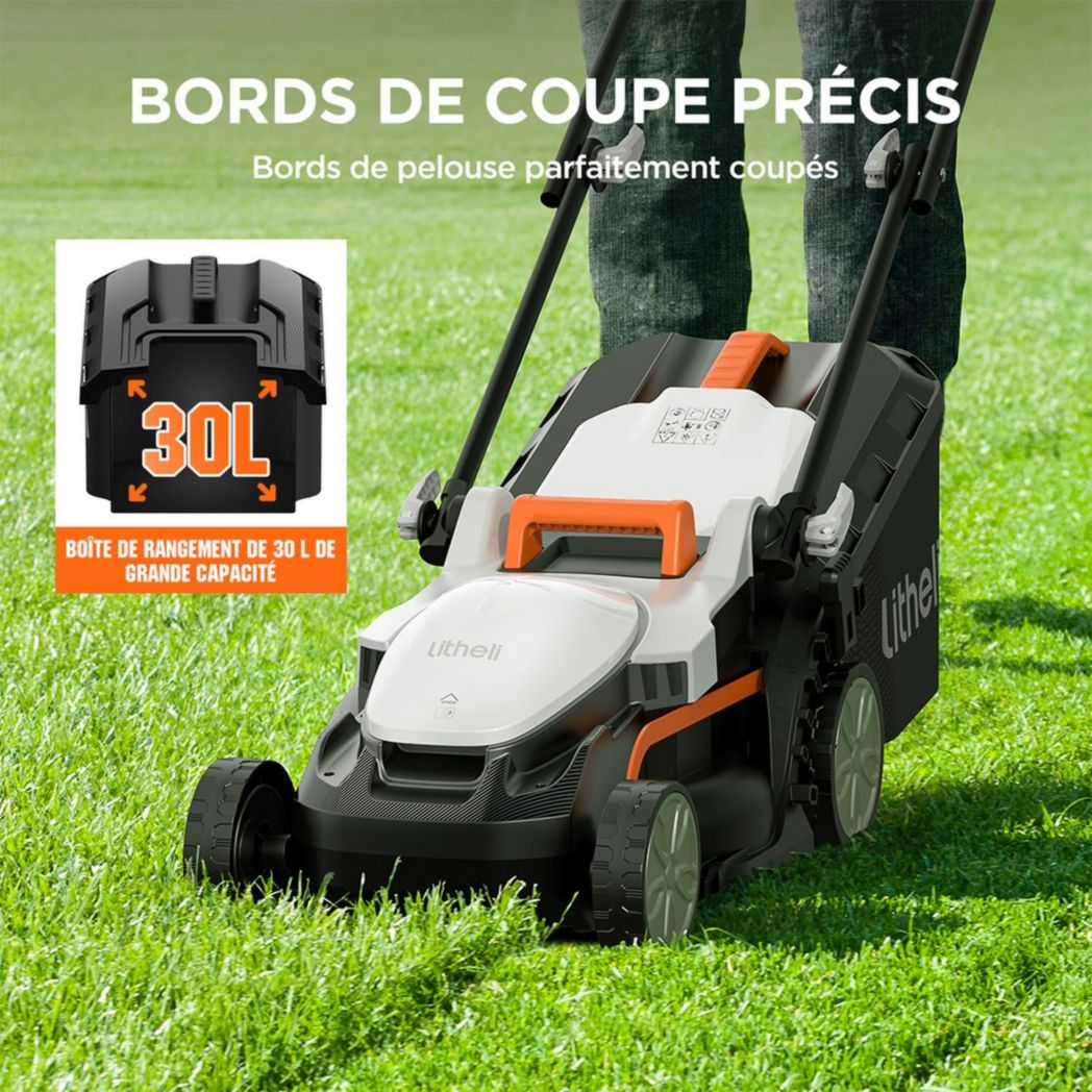 Tondeuse à gazon sans fil Litheli 33 cm, 1 batterie 20 V 4 Ah, hauteur réglable 25-65 mm, bac de ramassage 30 L, pour pelouses jusqu'à 200 m² (jardins et petits espaces)