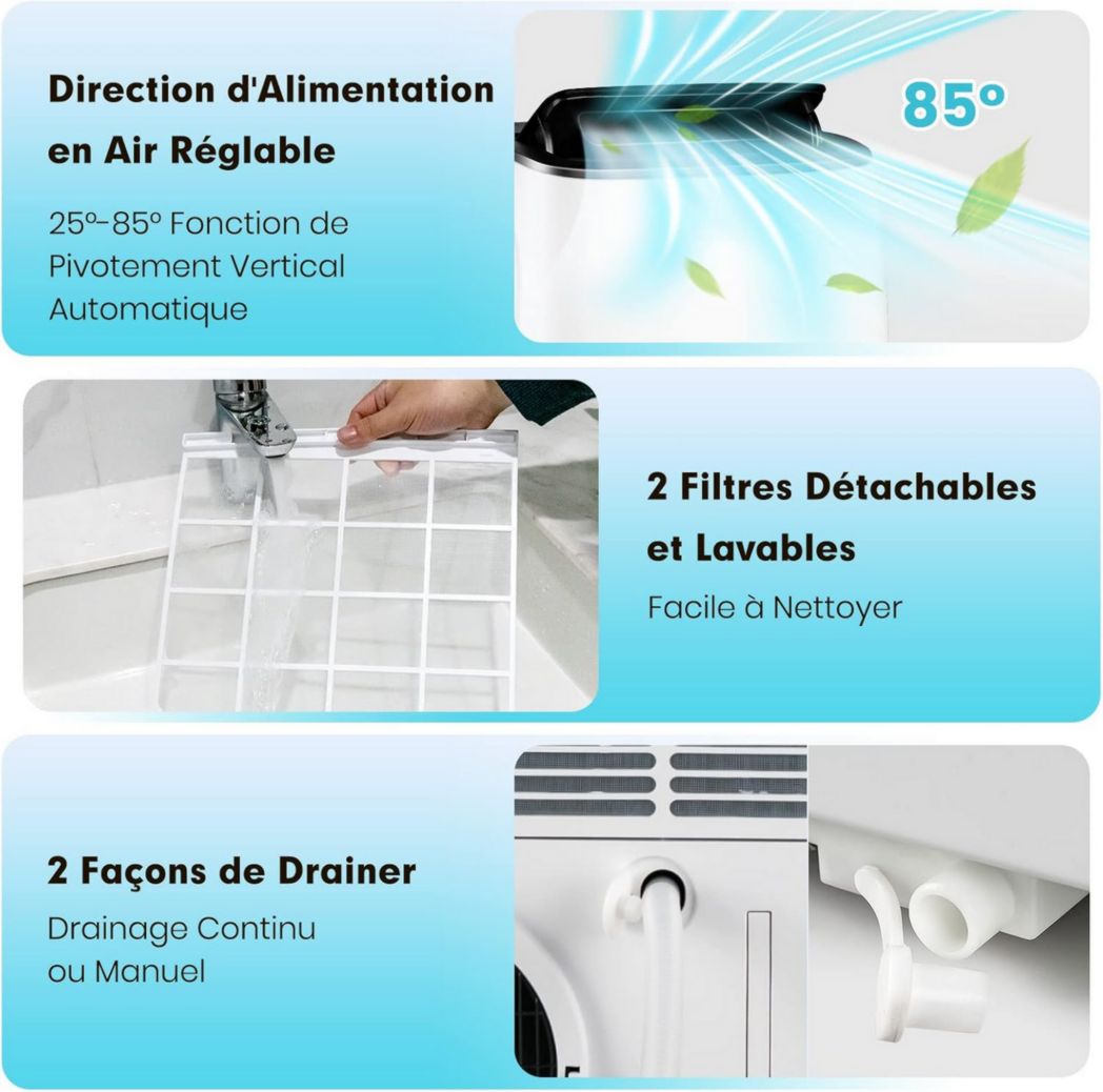 Climatiseur portable GOPLUS 16 000 BTU 4,7 kW 5 en 1 Fonctions : refroidissement, chauffage, déshumidification, ventilation, mode nuit, minuterie 24 h, télécommande/écran, 45-50 m², R290
