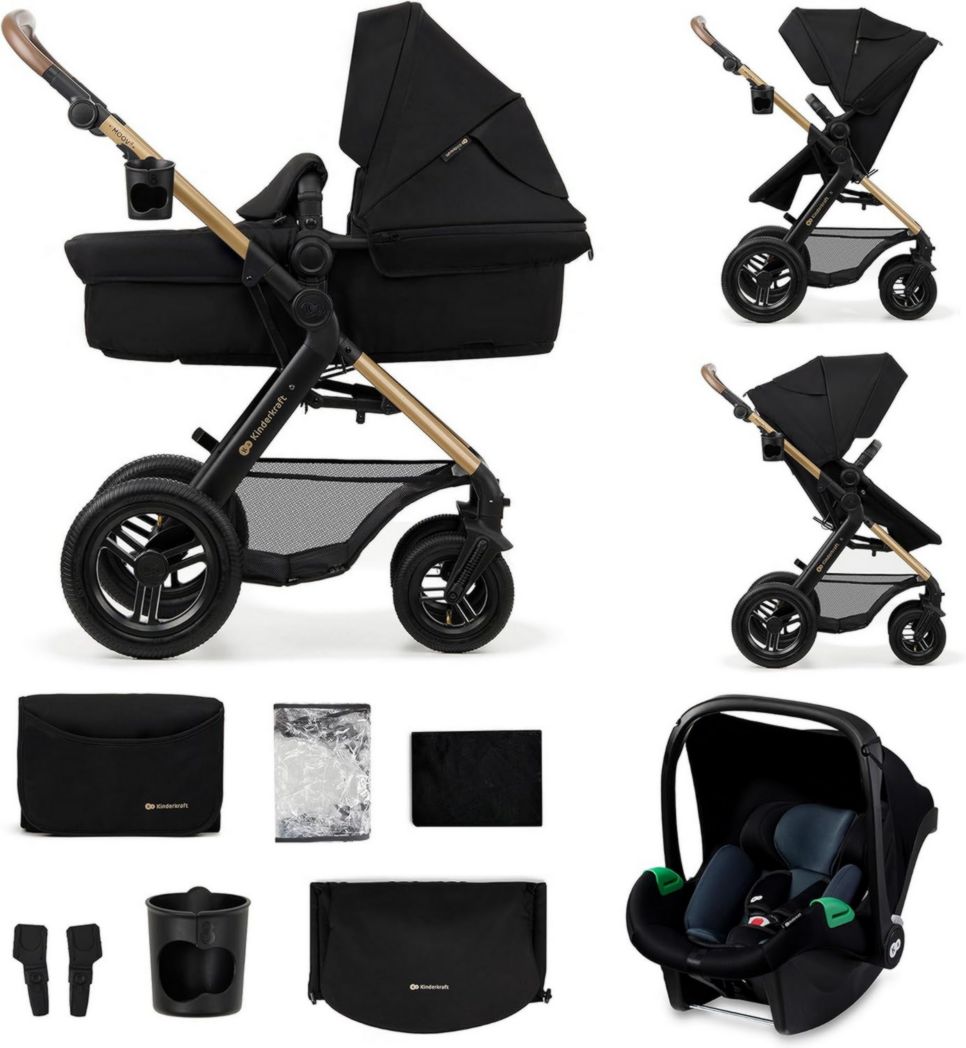 Poussette 3-en-1 Kinderkraft MOOV2, système de voyage de la naissance à 27 kg, siège auto Mink PRO I-Size inclus, pare-soleil extensible avec filtre UPF50+, accessoires pratiques, gris