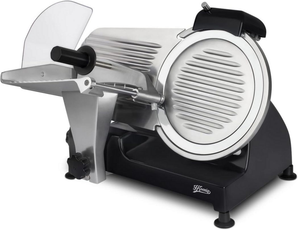 Trancheuse à viande électrique H.Koenig MSX254, Charcuterie, Professionnelle, Précise, Coupe 0-12 mm, Lame 25 cm, Aiguiseur intégré, Grand plateau, 282 tr/min, Rouge