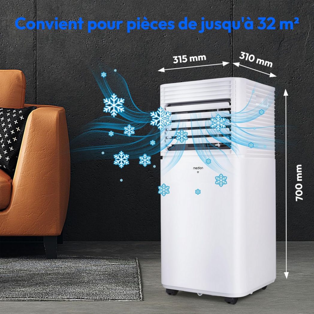 Climatiseur mobile intelligent MEDION P1002 (10 000 BTU, 3 en 1, refroidissement, déshumidification, ventilation, jusqu'à 34 m², kit de joint de fenêtre, mode veille, contrôle Wi-Fi, télécommande, écran, MD 37733)