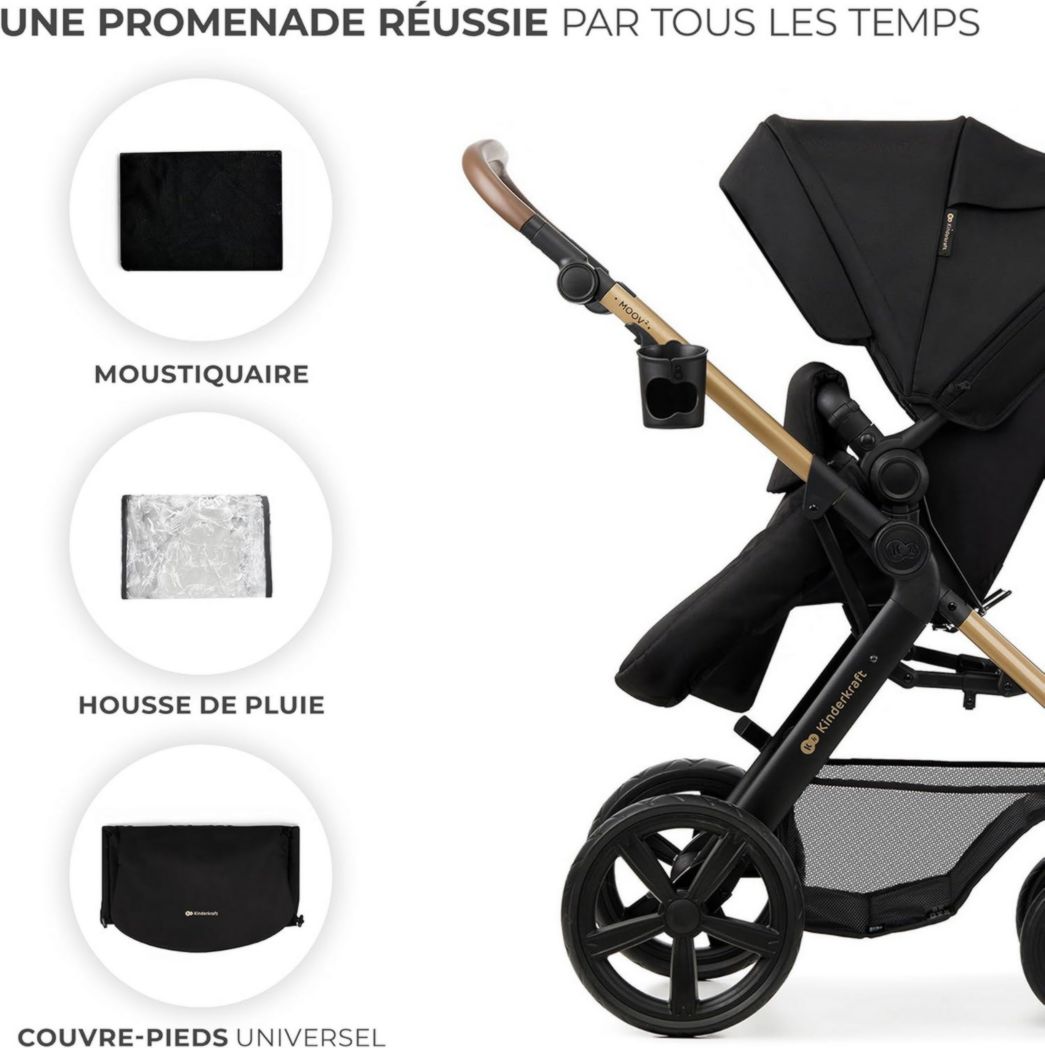 Poussette 3-en-1 Kinderkraft MOOV2, système de voyage de la naissance à 27 kg, siège auto Mink PRO I-Size inclus, pare-soleil extensible avec filtre UPF50+, accessoires pratiques, gris