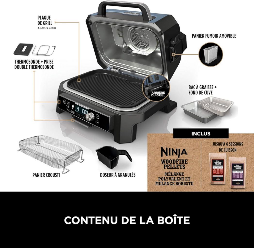 Barbecue et fumoir électrique Ninja Woodfire Pro XL avec thermomètre, barbecue d'extérieur 4 en 1 et friteuse à air avec système de cuisson intelligent et granulés de bois, portable, gris/noir, OG850EU