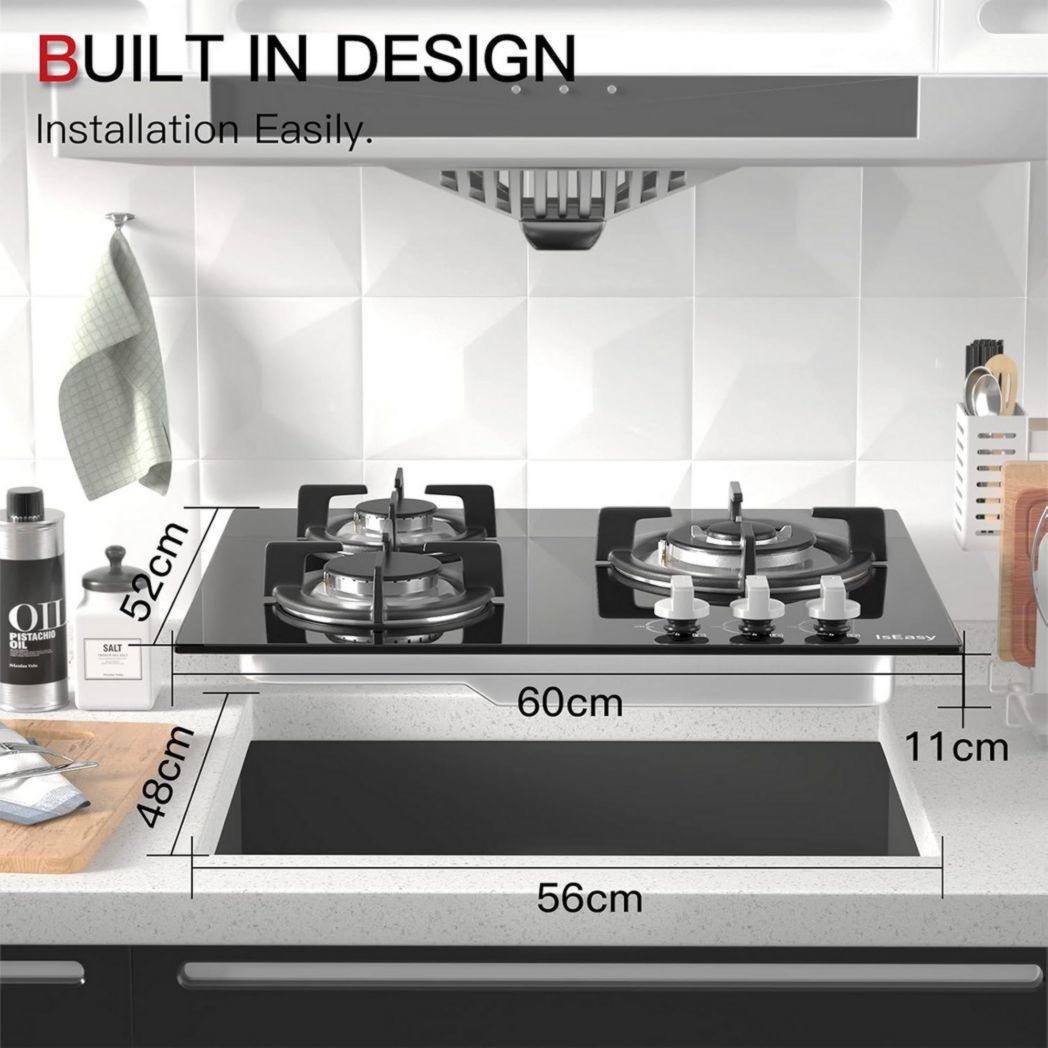 Plaque de cuisson à gaz 4 feux, plaque de cuisson 60 cm - Cuisinière encastrable - Gaz de ville et gaz en bouteille (4 feux - Verre)