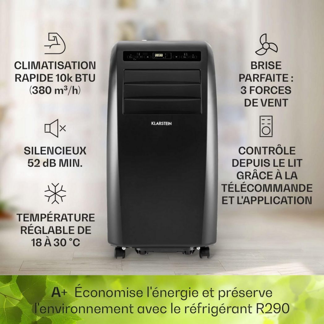 Climatiseur mobile silencieux Klarstein, 4 en 1, mode nuit, déshumidificateur, ventilateur, mini climatiseur basse consommation, évacuation, climatiseur portable, puissant, 10 000 BTU