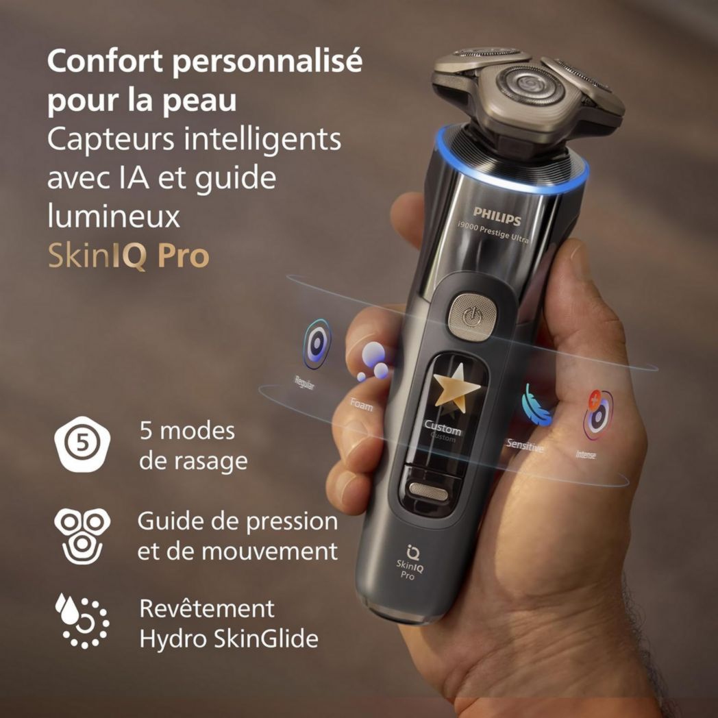 Rasoir Philips i9000 Prestige Ultra, rasoir électrique 100 % étanche, technologie Skin IQ Pro, système Triple Lift & Cut, lames de précision NanoTech rotatives à 360°, 5 modes de rasage, XP9401/38