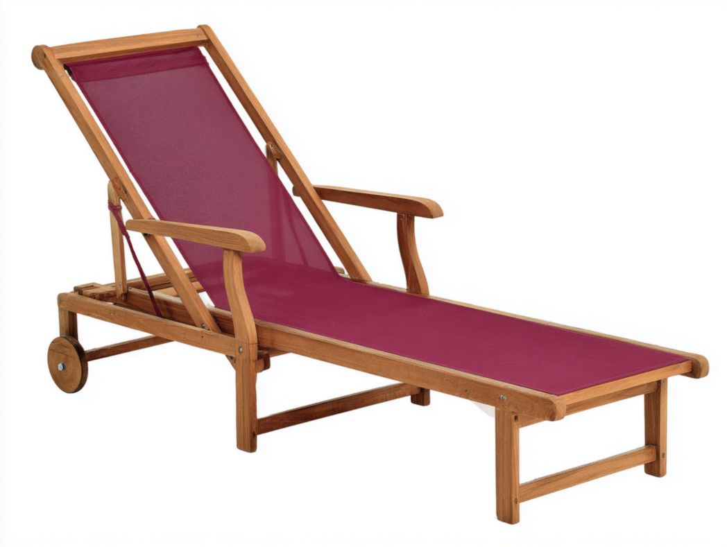 Chaise longue réglable en bois et toile bordeaux