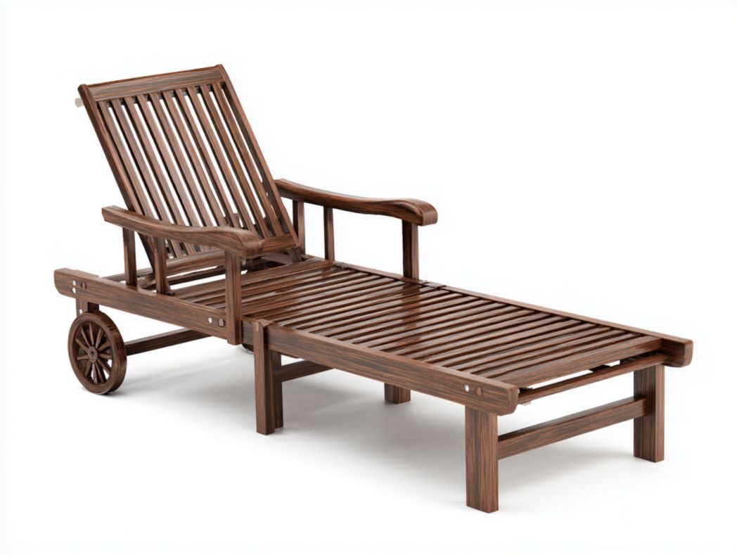 Chaise longue en bois massif foncé avec roues